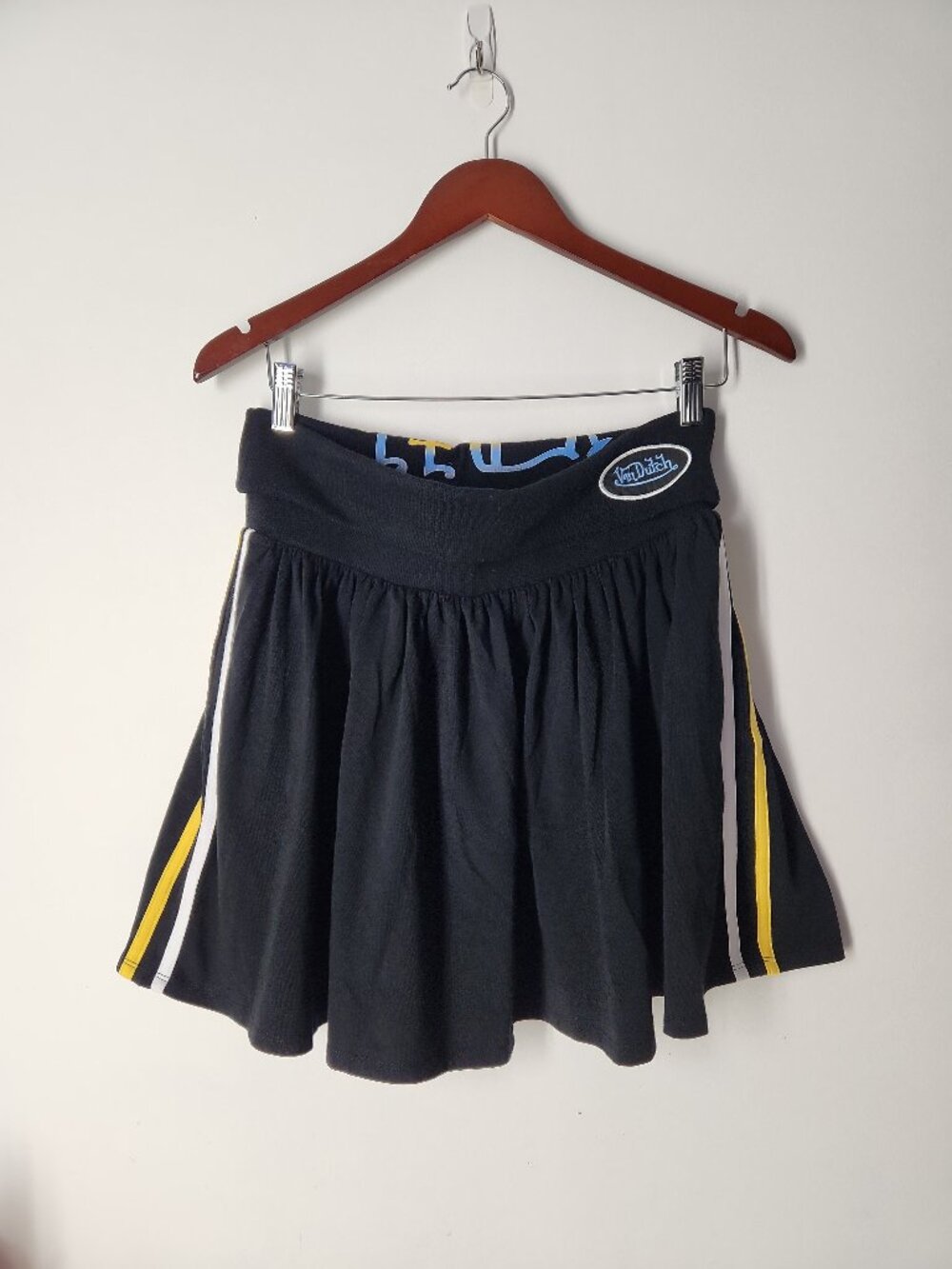 NWT Von Dutch Black Mini Skirt Foldover Waistband athletic side tripes Logo  M